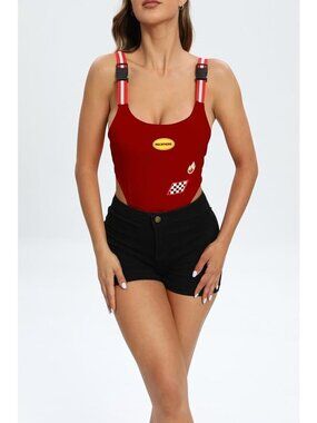 Malianna Checkerboard & Fire Print High Waist Bodysuit- Size S, NWT
